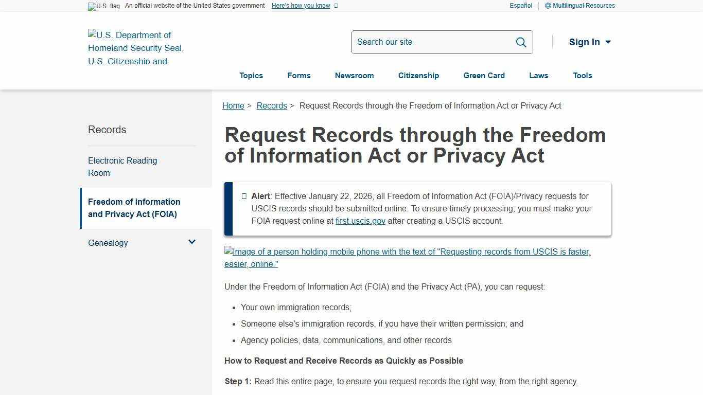 Request Records through the Freedom of Information Act or Privacy Act USCIS